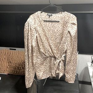 Animal print faux front tie silk top